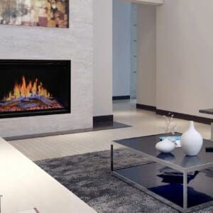 Orion Traditional eletric fireplace inset into a modern light gray tile wall. The fireplace is elevated off the floor for a contemporary twist on an otherwise traditional shape.